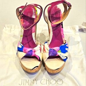 Jimmy Choo white/multicolor satin & leather cork wedge platform sandals Size 9.5